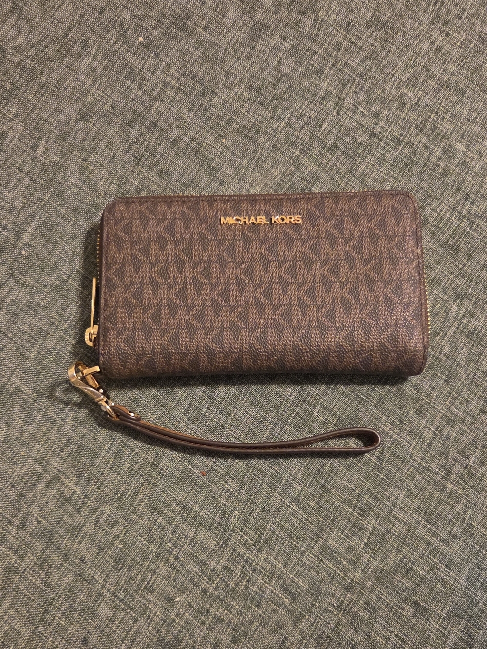 Michael Kors Brown Logo Zip-Around Wristlet Wallet with Gold Hardware